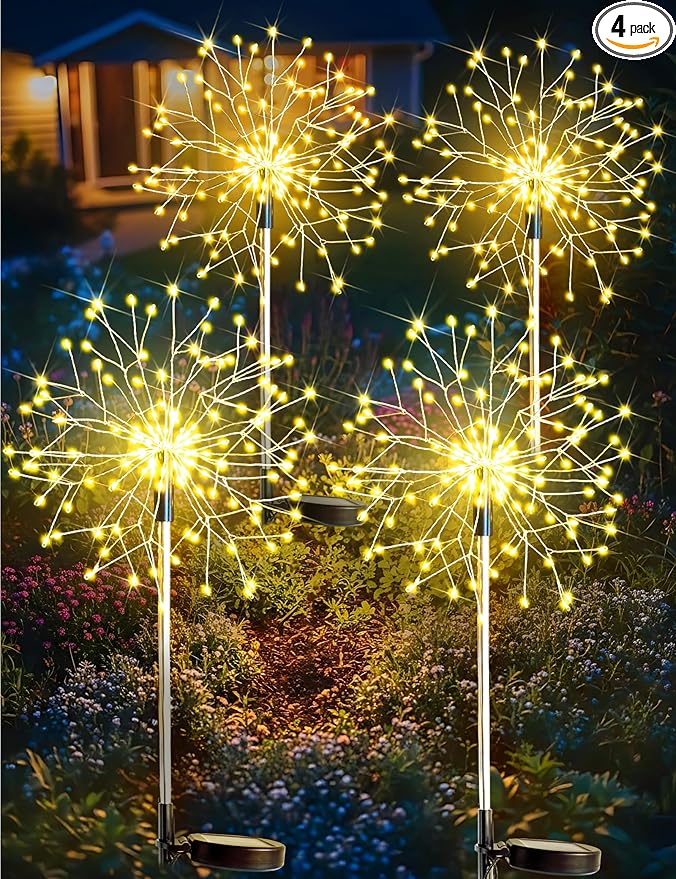 suddus Solar Garden Lights Outdoor Waterproof Decorative, 4Pack 150LED Firework Lights, Solar Fairy Lights for Yard, Garden, Patio, Pathway, Flowerbed, Party, Wedding Outside Decor- Warm White