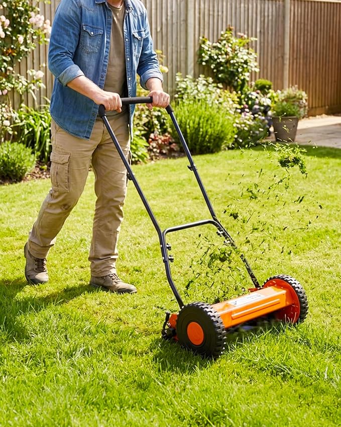 16 Inch Manual Reel Lawn Mower, 5-Blade Push Reel Mower with Adjustable Cutting Height, Walk-Behind Compact Hand Push Mower for Small Yards, Quiet Cordless Mowing (Orange) — No Grass Catcher Bag