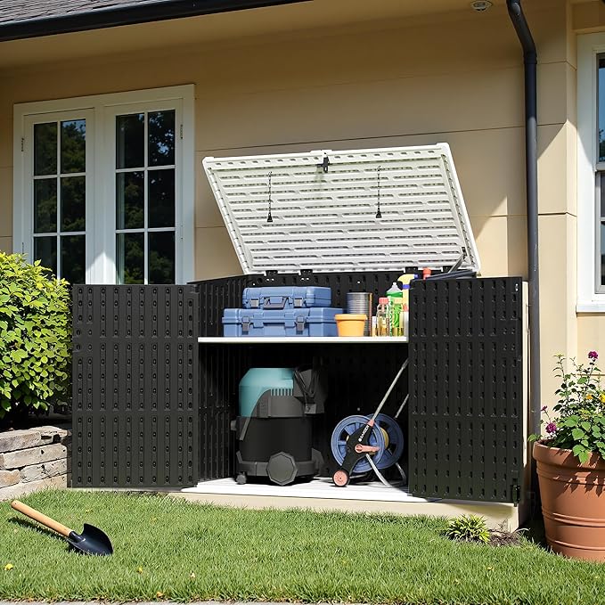 Greesum Outdoor Trash Can Storage Shed, 34 Cu.ft Horizontal Outdoor Storage Cabinet, Waterproof for Garden, Pool Storage, Garbage Cans, Black