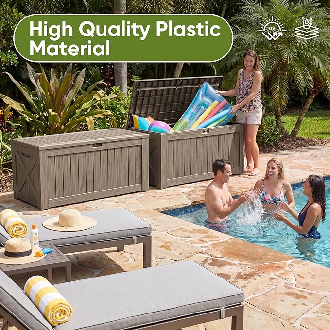 Flamaker Resin Deck Box 120 Gallon Waterproof Large Outdoor Indoor Storage Box Imitation Wood Resin for Patio Furniture Garden Tools and Pool (Brown)