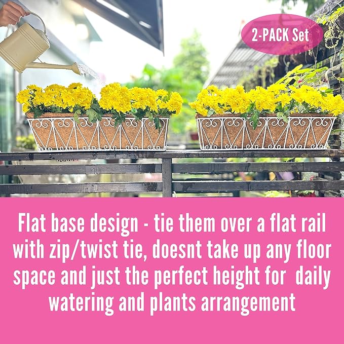 LaLaGreen Wall Hanging Planter - 2 Pack, 30 Inch Deck Railing Planter, Window Flower Boxes Basket Outdoor White Deck Railing Hanging Pot Coco Liner Metal Plant Holder Fence Planter Balcony Patio Porch