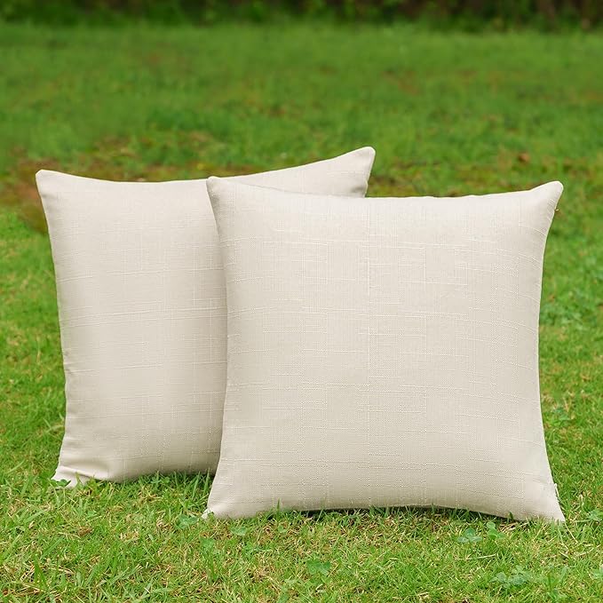 NiNi ALL Pack of 2 Decorative Outdoor Waterproof Pillow Covers Square Linen Textured Garden Cushion Sham Throw Pillowcase Set of 2 for Patio Farmhouse Garden Tent Couch 18x18 Inch Beige