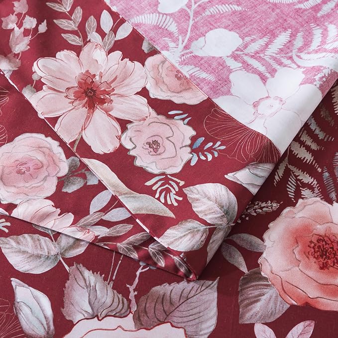 FADFAY Floral Sheets Set Full Vintage Red Floral Bedding Shabby Pink Rose Elegant Peony Sheets Rustic Farmhouse Bedding 800 Thread Count 100% Egyptian Cotton Deep Pocket Fitted Sheet 4Pcs, Full Size