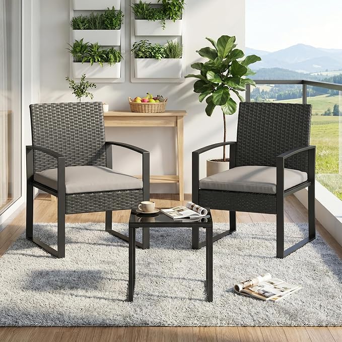 Garvee 3 Pieces Patio Bistro Set, PE Rattan Patio Conversation Set with Tempered Glass Coffee Table, Outdoor Wicker Furniture for Patio Garden Balcony Backyard, Black and Grey