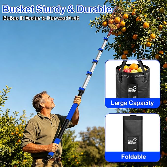 AgiiMan 28 Reach Fruit Picker with Telescopic Extension Pole and 20L Bucket, 5 to 20 FT Fruit Picker Pole Lightweight and Sturdy Aluminum Telescopic Pole, Easy to Assemble Fruit Picking Basket