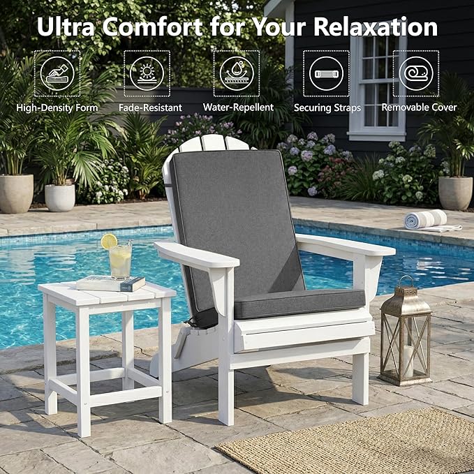 Adirondack Chair Cushion - Removable Cover, Water-Repellent & Fade-Resistant Faux Linen, Securing Straps, Non-Slip Bottom, Fit for Most Outdoor Adirondack & Rocking Chairs - Dark Grey