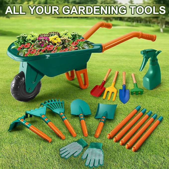 Kids Gardening Set-Kids Gardening Tools Wheelbarrow Set with Shovel, Leaf Rake, Gloves, Spray Bottle-Toddler Gardening Set Play Outdoor Educational STEM Learning for Boys Girls Age 3+