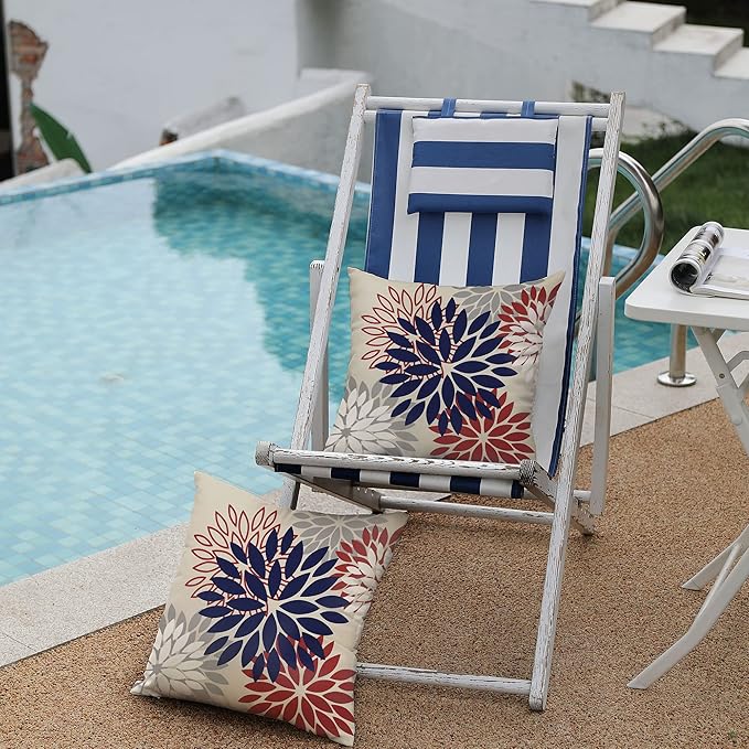 DFXSZ 4th of July Pillow Covers 18x18 Inch Set of 2 Patriotic Blue Red Floral Outdoor Waterproof Decorative Throw Pillows Polyester Pillow Covers Decor for Patio Funiture Garden Couch 002H18