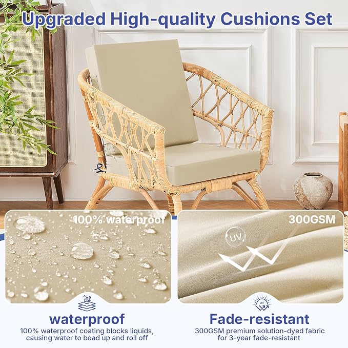 Outdoor Chair Cushions Set of 4 for Outdoor Patio Furniture, Waterproof Patio Seat Cushions with Handle & Ties, 3 Year Color Fastness Square Garden Sofa Couch Pads, 19" x 19" x 3", Beige