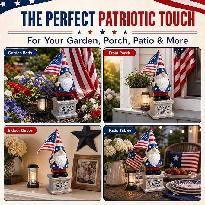 4th of July Garden Gnome with Solar Lantern 12'' Patriotic Resin Statue for Yard, Lawn, Patio - American Flag Outdoor Decoration for Memorial Day & USA 250th Anniversary Independence Day CLEARANCE