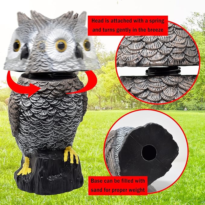 Owl Decoy to Scare Birds Away Scarecrow Fake Owl with Rotating Head 15" Tall