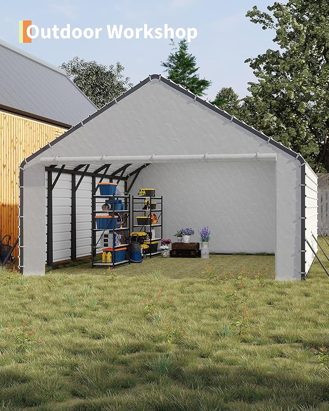 Carport Enclosure Kit for 20x26 20x21 20x16 Metal Carports, 2-Pack Heavy-Duty 220gsm PE Roll-Up Zipper Door Panels, Front & Back Cover with Ball Bungees,White
