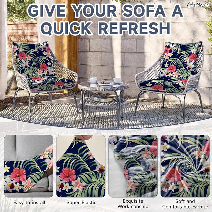 CALBODE 14 Pcs Stretch Outdoor Seat Cushion Covers, Washable Chair Seat Cover for Patio Furniture Cushions Soft Indoor and Outdoor Couch Cover Replacement (Tropical Floral,Black, Cover Only)