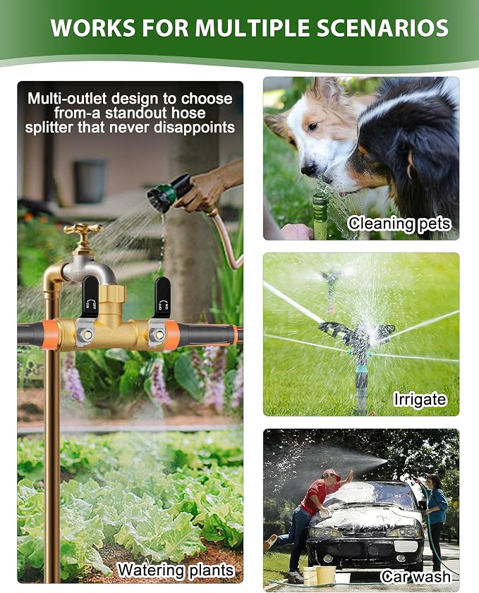 Hose Splitter 2 Way, Heavy Duty Brass Garden Hose Splitter, Water Hose Bib Spigot Splitter with 0.59" Full Flow Ball Valve Outlet & Shut-Off Valve 3/4'' Connector Outdoor Water Faucet Adapter