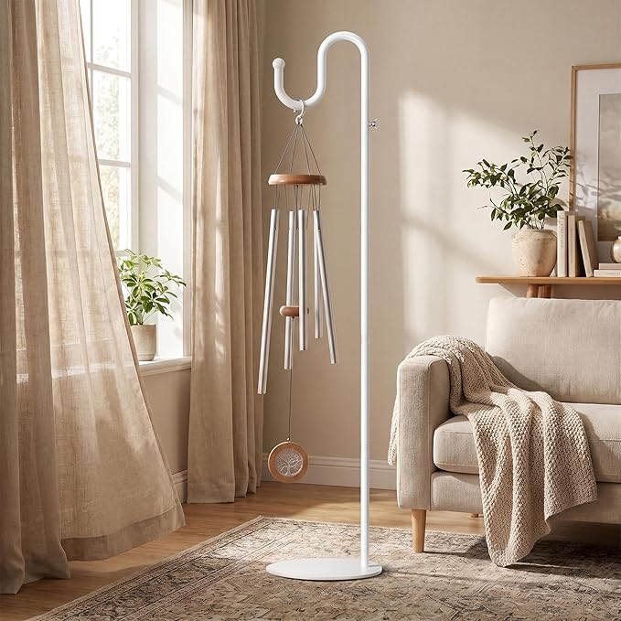 74" Shepherds Hook Stand, Adjustable Wind Chime Stand with Heavy Duty Base, Free Standing Plant Hanger Pole for Bird Feeders, Lanterns, Wreaths & Plants, Indoor Outdoor, Holds Up to 20 LBS, White