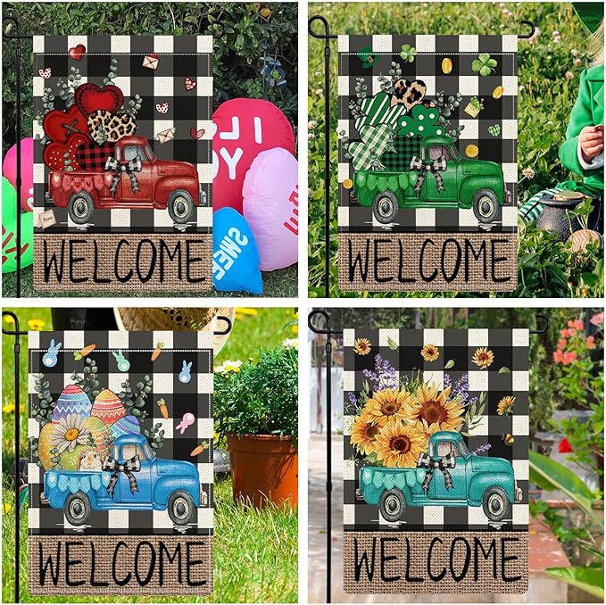 Rustic Truck Buffalo Plaid Garden Flags for Outside Set of 12, Welcome Seasonal Garden Flags 12x18 Double Sided, Car Holiday Lawn Flags, Winter Spring Outside Decorations for Yard