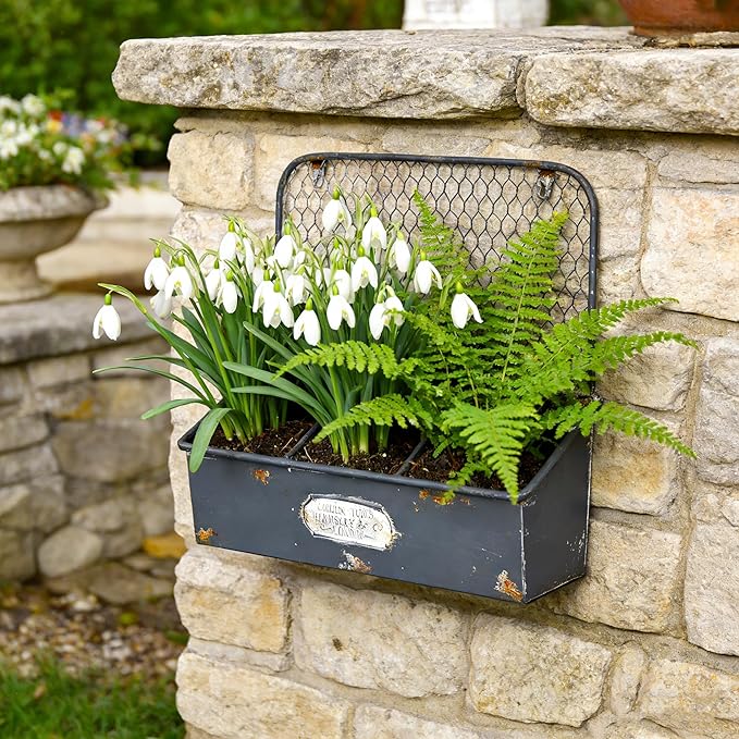 Vintage Blue Metal Hanging Flower Pot, Rustic Wall Planter with 3 Compartments, Farmhouse Plants Holder for Succulents Tubs, Garden Railing Fence Patio Yard Outdoor Decor