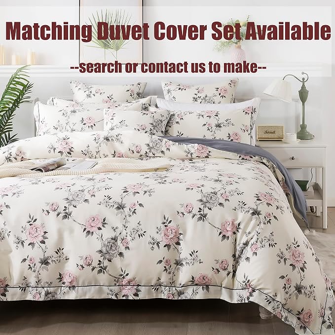 FADFAY Floral Sheets Set Twin XL Vintage Rose Floral Bedding Shabby Grey and Pink Peony Printed College Dorm Bedding 800 Thread Count 100% Egyptian Cotton Deep Pocket Fitted Sheet 4Pcs, Twin XL Size