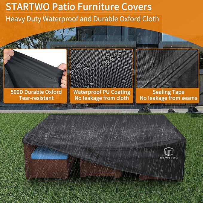 STARTWO Patio Furniture Covers Waterproof, Anti-UV Tear-Resistant 500D Heavy Duty 7-12 Seats Outdoor Furniture Cover for Sectional Sofa, Patio Table Cover, 98"x78"x28", Black