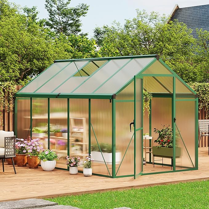 Garvee 6 x 10 ft Greenhouse, Greenhouses for Outside, Polycarbonate Greenhouse with Aluminum Frame, Lockable Door and Ajustable Roof Vent for Backyard, Green Houses for Outside Garden Backyard, Patio