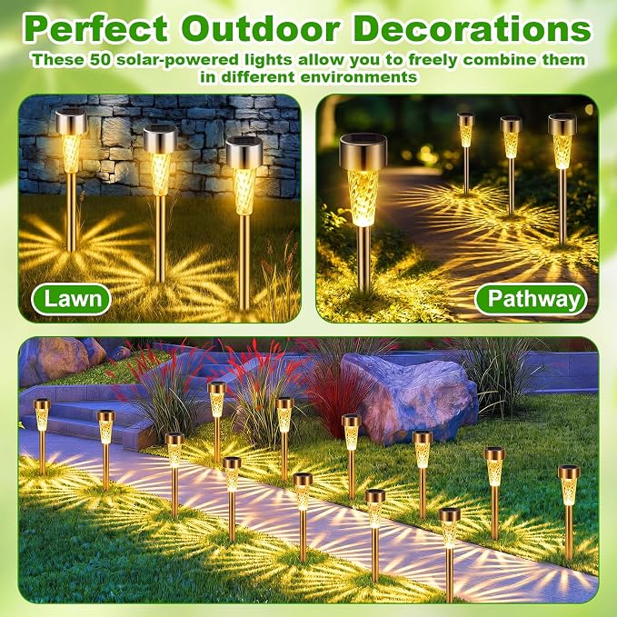 Huquary 50 Pcs Solar Lights Outdoor Waterproof Bulk LED Stainless Steel Solar Outdoor Pathway Garden Landscape Path Lights for Pathway Lawn Porch Garden Walkway Driveway Outside Decor (Warm White)