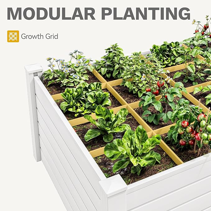 DWVO 4 x 4 x 2 FT Raised Garden Bed, Outdoor Vinyl Flower Bed with Growth Grid, Large Plastic Planter Box for Vegetables, Flowers, Herbs, Fruits, White