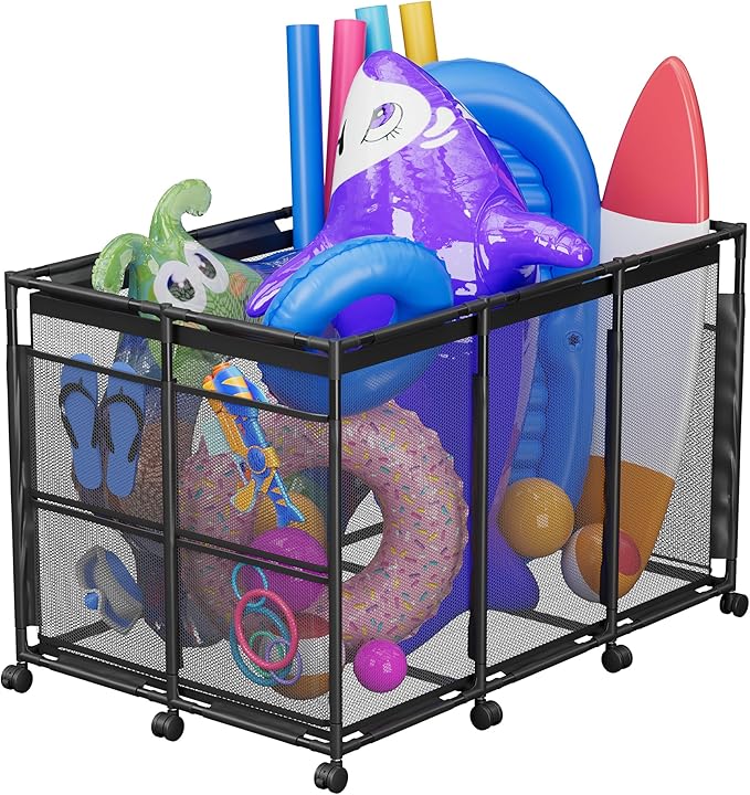 POOLHOUR Pool Float Storage – XXL Large Outdoor Pool Toy Storage Organizer for Pool Noodles, Toys, Floats, Balls,Equipment, Mesh Rolling Storage Organizer Bin, Black