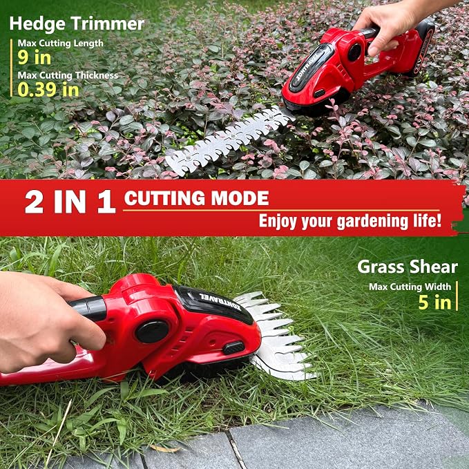 Cordless Hedge Trimmer-24V Electric Shrub Trimmer Grass Shears Handheld Grass Cutter, Hedge Shear with 2 PCS Rechargeable Battery, Charger and Toolbox to for Garden, Lawn, Red