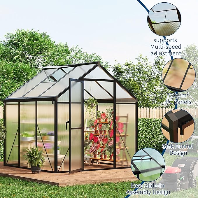 Garvee 6 x 6 ft Greenhouse, Greenhouses for Outside, Polycarbonate Greenhouse with Aluminum Frame, Lockable Door and Ajustable Roof Vent for Backyard, Green Houses for Outside Garden Backyard, Patio
