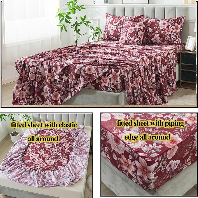 FADFAY Rose Floral Sheets Cal King Vintage Red Floral Bedding Shabby Pink Peony Sheets Farmhouse Bedding 800 Thread Count 100% Egyptian Cotton Soft Deep Pocket Fitted Sheet 4Pcs, California King Size
