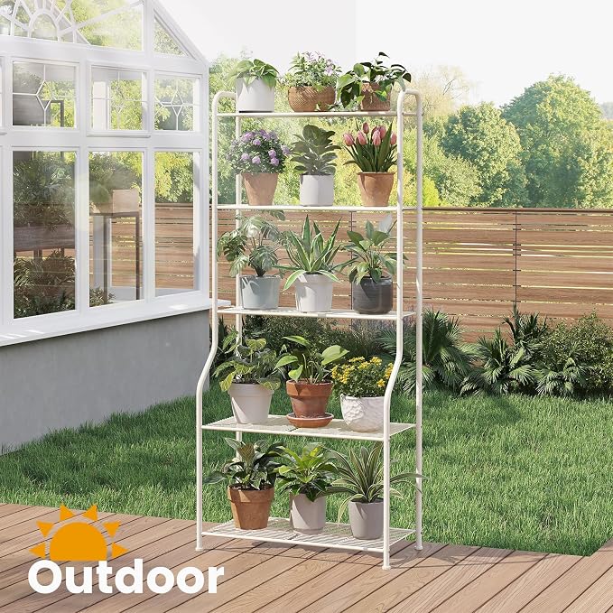 5-Tier Corner Plant Stand, Metal Black Flower Pot Rack, Indoor Outdoor Heavy Duty Shelf (Cream, 5 Tier)