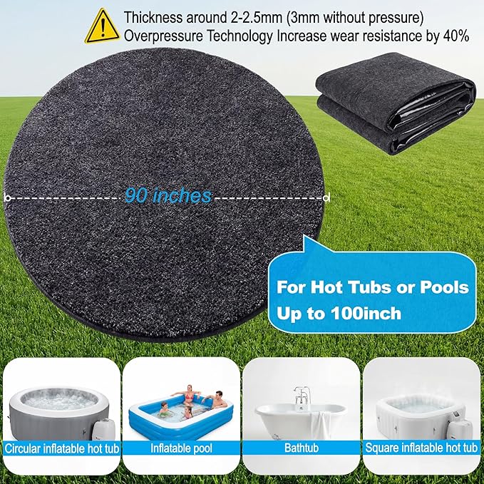 Upgraded 90 * 90 Round Hot Tub Mat, Extra Large Inflatable Hot Tub Pad Outdoor Indoor, Waterproof Slip-Proof Backing, Absorbent Spa Pool Ground Base Flooring Protector Mat