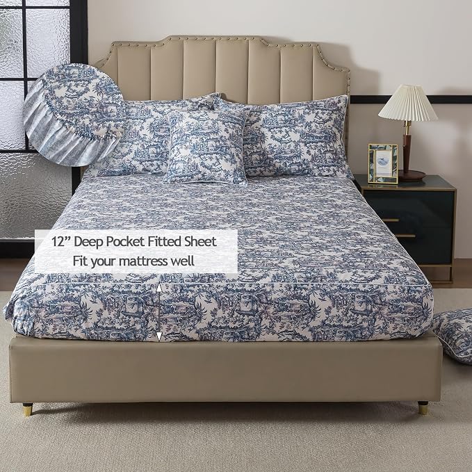 FADFAY Twin XL Blue Toile Sheets Set Dorm Room Essential Bedding 100% Egyptian Cotton Soft Breathable Sheets Classic Blue French Country Vintage Farmhouse Sheet, Extra Long for College Bedding 4Pcs