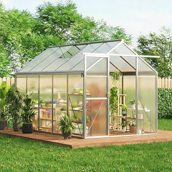 GarveeHome 6X10 FT Greenhouse for Outdoors, Walk-in Greenhouse Kit with Aluminum Frame, Polycarbonate Panels, Adjustable Roof Vent, Sliding Door, Secure Lock for Outside Garden, Patio, Backyard