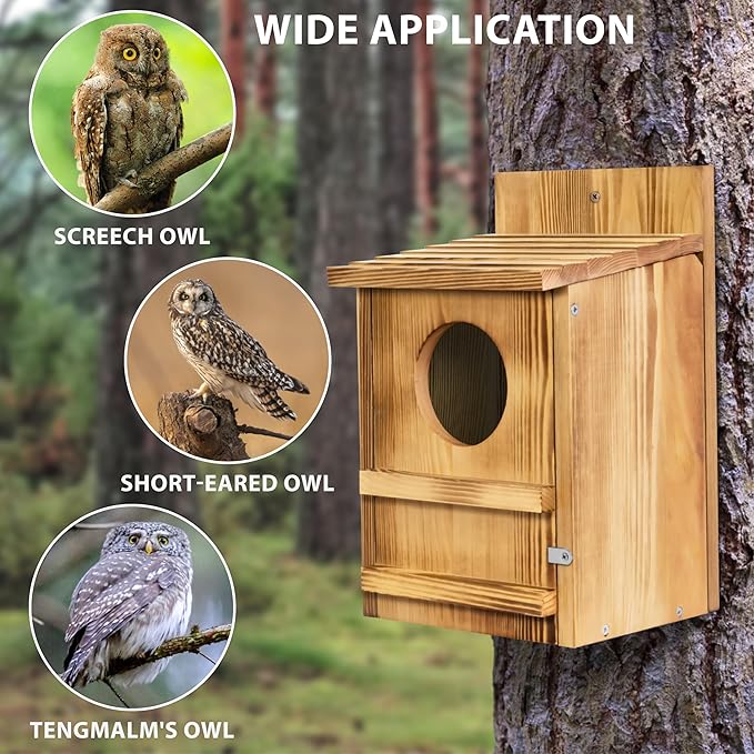 Screech Owl House, Owl Bird Box Large Handmade Wooden Circular Opening Screech Box for Outside with Mounting Screws and A Bag of Wood Shavings, Easy Assembly Required (Brown, 9" x 14.5")