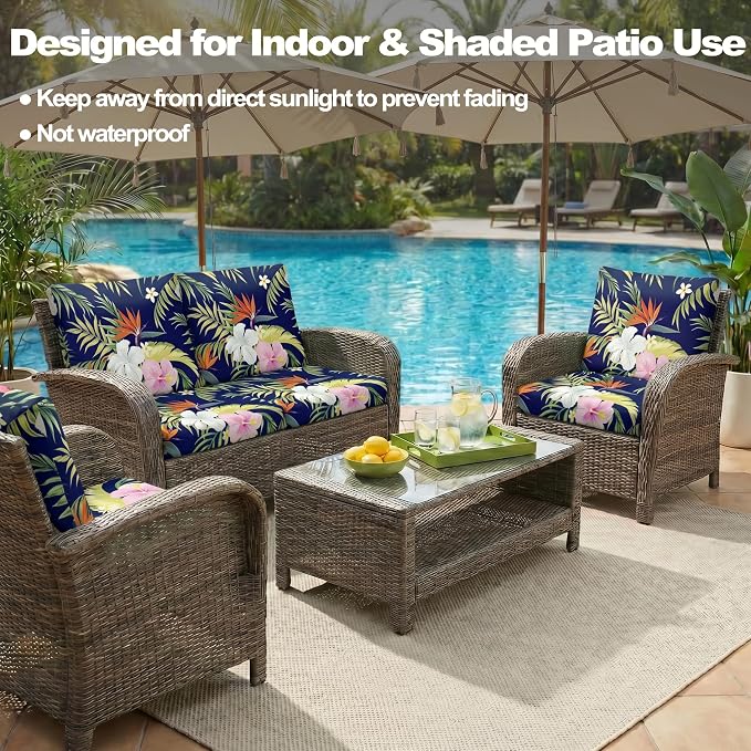 CALBODE 8 Pcs Stretch Outdoor Seat Cushion Covers, Washable Chair Seat Covers for Patio Furniture Cushions Soft Indoor and Outdoor Couch Cover Replacement (Navy Blue Botanical, Cover Only)