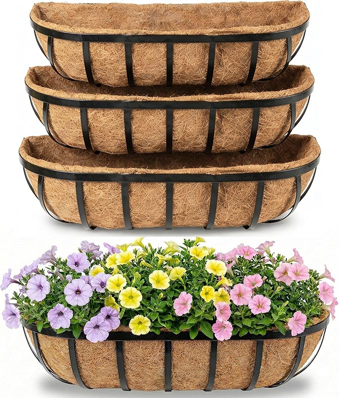 HFHOME 4 Pcs 24" Window Box Deck Railing Planter with Horse Trough Coco Liners, Black Metal Hanging Flower Planters Baskets for Indoor, Outdoor, Balcony, Porch, Fence, Patio, and Lawn