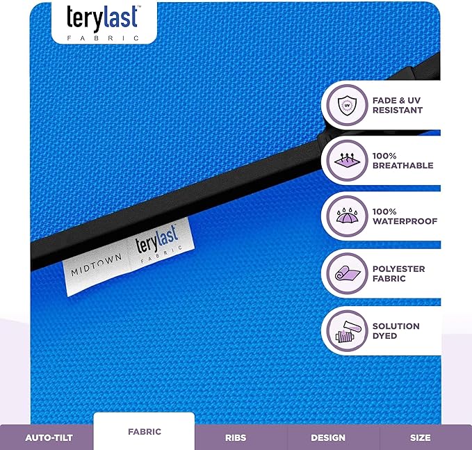 Midtown Umbrellas - 10-Year-No-Fade 6 Ft Patio Umbrella with Terylast Fabric, Auto-Tilt Aluminum Frame and 8 Reinforced Ribs for Deck, Pool, Garden & Beach - Cobalt Blue Canopy, Black Pole