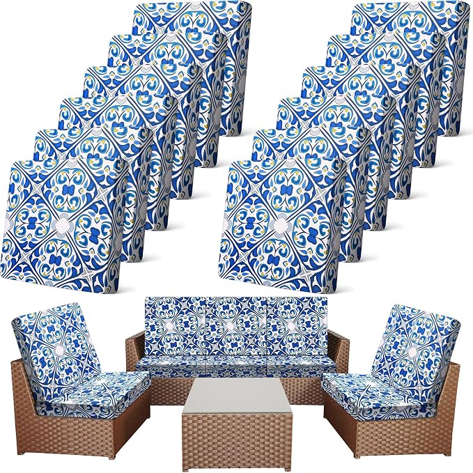 Newwiee 12 Pcs Patio Cushion Covers Outdoor Stretch Sofa Couch Cover Replacement Couch Slipcover Sofa Seat Chair Porch Patio Furniture Protector, Flexibility Washable(Blue Series,Retro)