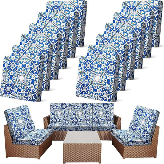 Newwiee 12 Pcs Patio Cushion Covers Outdoor Stretch Sofa Couch Cover Replacement Couch Slipcover Sofa Seat Chair Porch Patio Furniture Protector, Flexibility Washable(Blue Series,Retro)