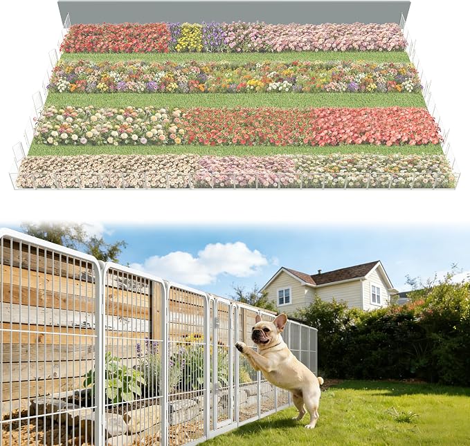 FXW Garden Fence Outdoor for the Yard – 24in(H) x 91.3ft(L) Heavy Duty Metal Animal Barrier for Dog, No Dig Decorative Dog Fence, 48 Panels, White