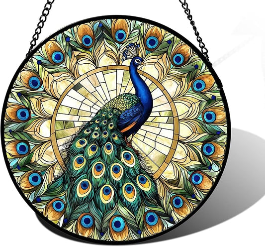 DASTOLL Stained Glass Window Hanging - Retro Peacock Decoration Suncatcher for Door Garden Home Bird Feather Sun Catchers Christmas Mother's Day Birthday Gifts for Women Men Mom Nana Friend 7.8 in