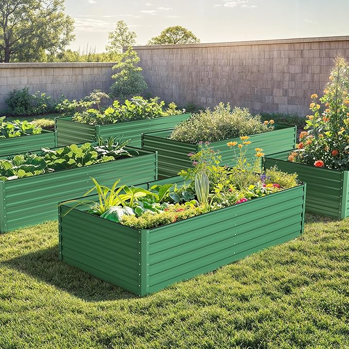DWVO 8 x 4 x 2 FT Raised Garden Bed Kit, Outdoor Galvanized Flower Bed with Safety Rubberg and Gloves, Large Metal Planter Box for Vegetables, Flowers, Herbs, Fruits, Green