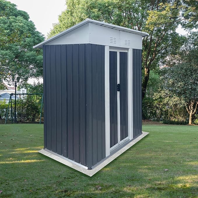 YOPTO 5x3FT Storage Shed with Sliding Lockable Door,Metal Outdoor Tool House W/Sloped Roof,All Weather Waterproof,for Backyard,Patio,Lawn,Garden,Grey