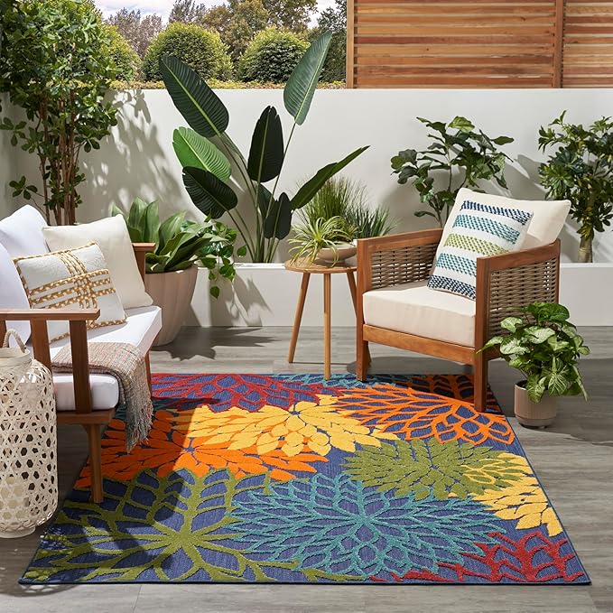 Nourison Home Aloha Indoor-Outdoor Navy Multicolor 6' x 9' Area Rug, Easy-Cleaning, Non Shedding, Bed Room, Living Room, Dining Room, Backyard, Deck, Patio (6x9)