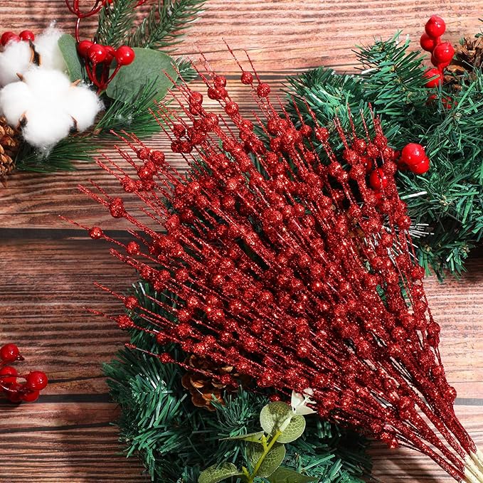 36 Pcs 17'' 15'' Christmas Artificial Glitter Berry Stems 4 Styles Xmas Decorative Tree Picks Branches Large Glittery Twigs for Christmas Tree Xmas Wreath Vase Filler(Red)