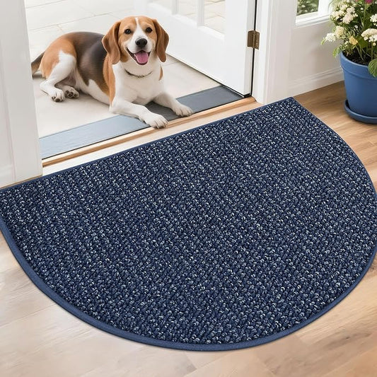 BEQHAUSE Dirt Trapper Door Mat 26" x 40" Half Circle Non-Slip Washable Doormats Entrance Rugs Absorbent Welcome Low Profile Floor Mats for Front Back Door and Entryway, Blue