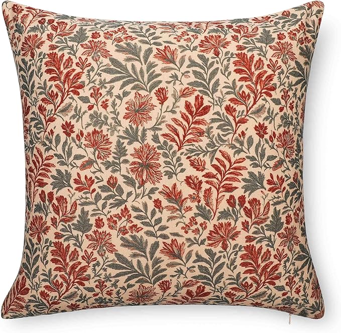Crumbs Home Modern Farmhouse California Casual Indoor Outdoor Throw Pillow Cover, 20"x20" Water Repellent for Patio, Backyard, Couch, Poolside, Rust Orange Print Sketch Botanical Flowers and Leaves