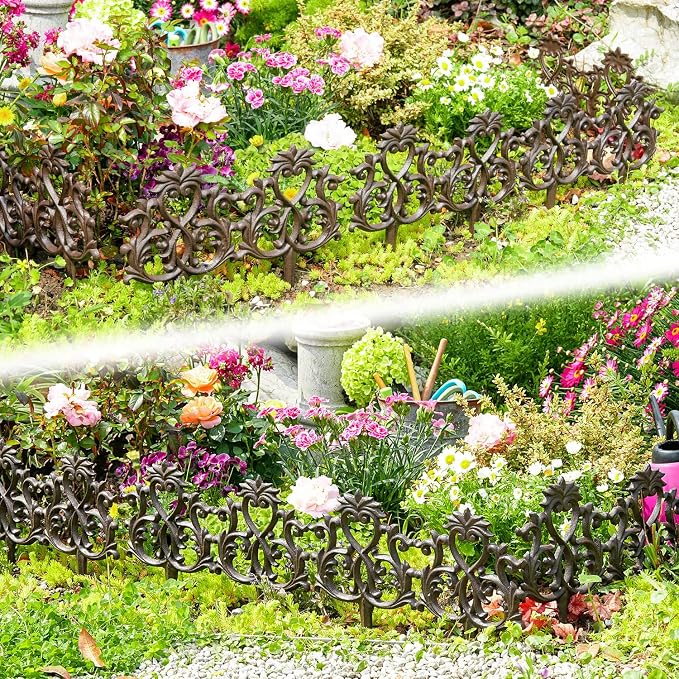 Sungmor Decorative Cast Iron Garden Edging,4 Pack Vintage Garden Border Fence for Lawn, Flower Beds and Patio,Heavy Duty Rustic Ornate Metal Fences,Brown Finish