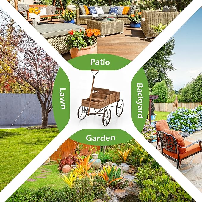 DORTALA Wood Wagon Planter, Outdoor Garden Flower Planter Cart with Wheels, Small Decorative Wood Raised Bed Plant Pot Box Stand for Backyard, Patio, Balcony, Natural